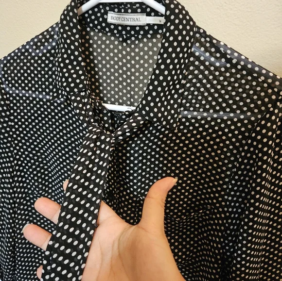 Polka dot black sheer blouse with tie size M - Picture 1 of 4